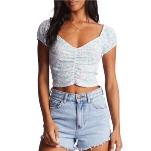 Billabong Floral Ruched Crop Top - White and Pink
